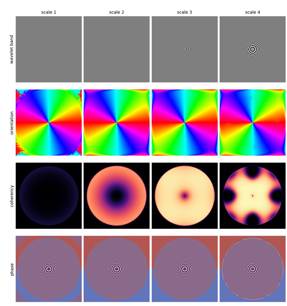 MonogenicJ on the chirp: wavelet band, orientation, coherency and phase at four scales