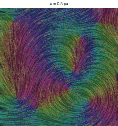 Color survey of the nematic pattern for increasing σ